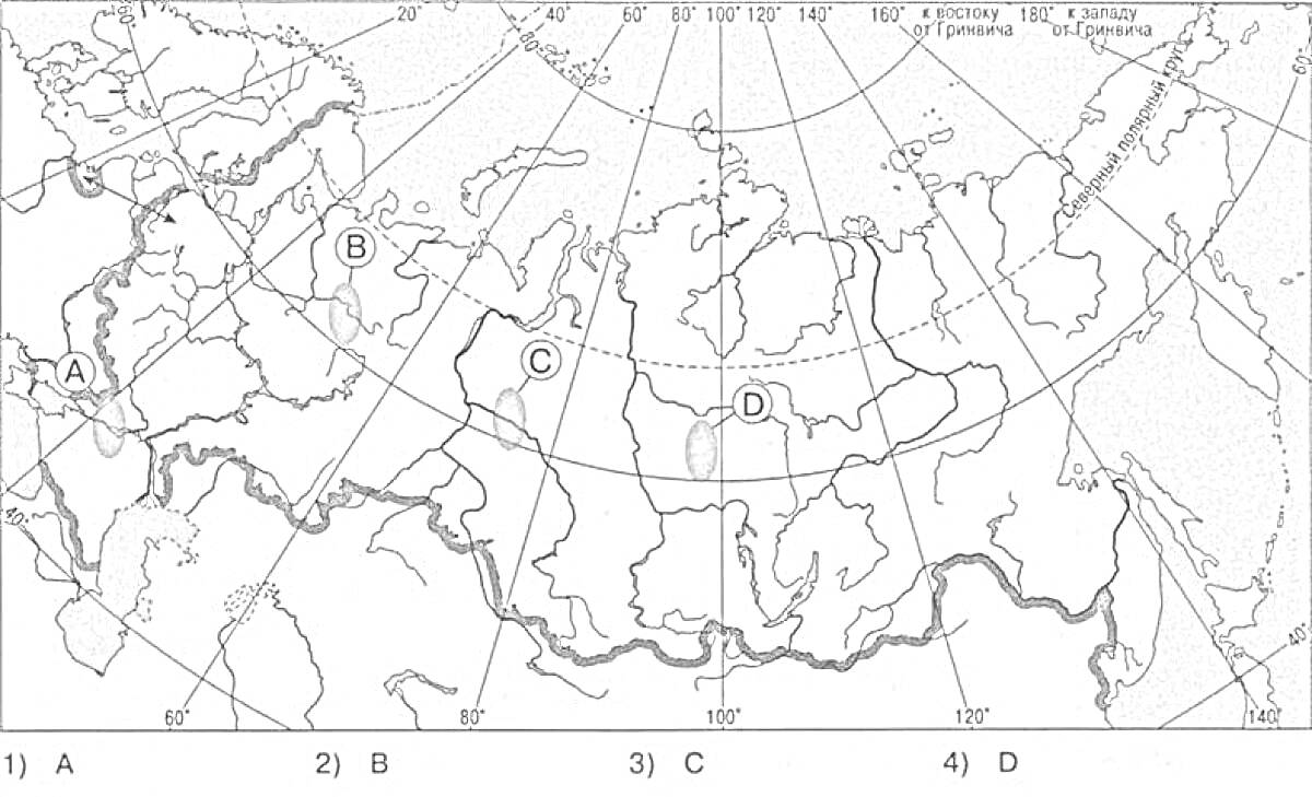 Раскраска Карта природных зон России, с выделенными зонами тундры, тайги, степи и пустыни, отмеченными буквами A, B, C и D соответственно.