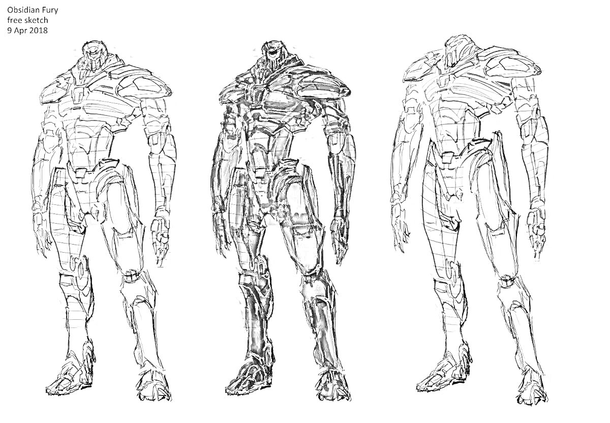 Раскраска Три эскиза робота в разных стадиях прорисовки