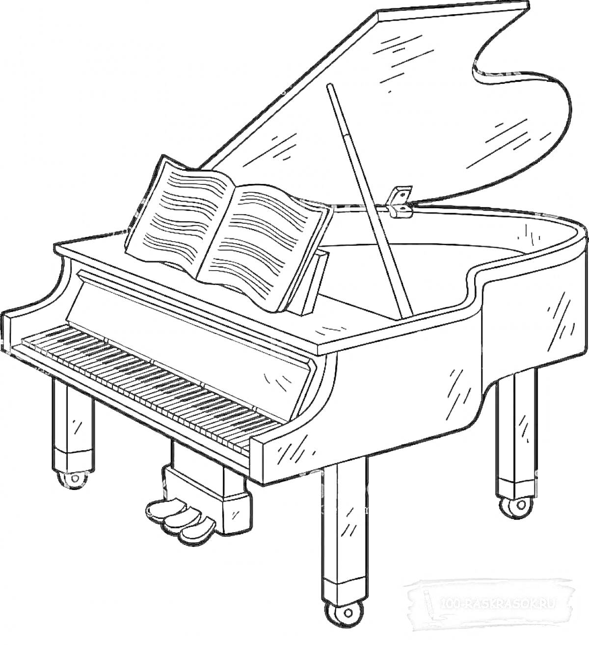 На раскраске изображено: Рояль, Пианино, Ноты, Крышка, Педали, Музыка, Музыкальные инструменты
