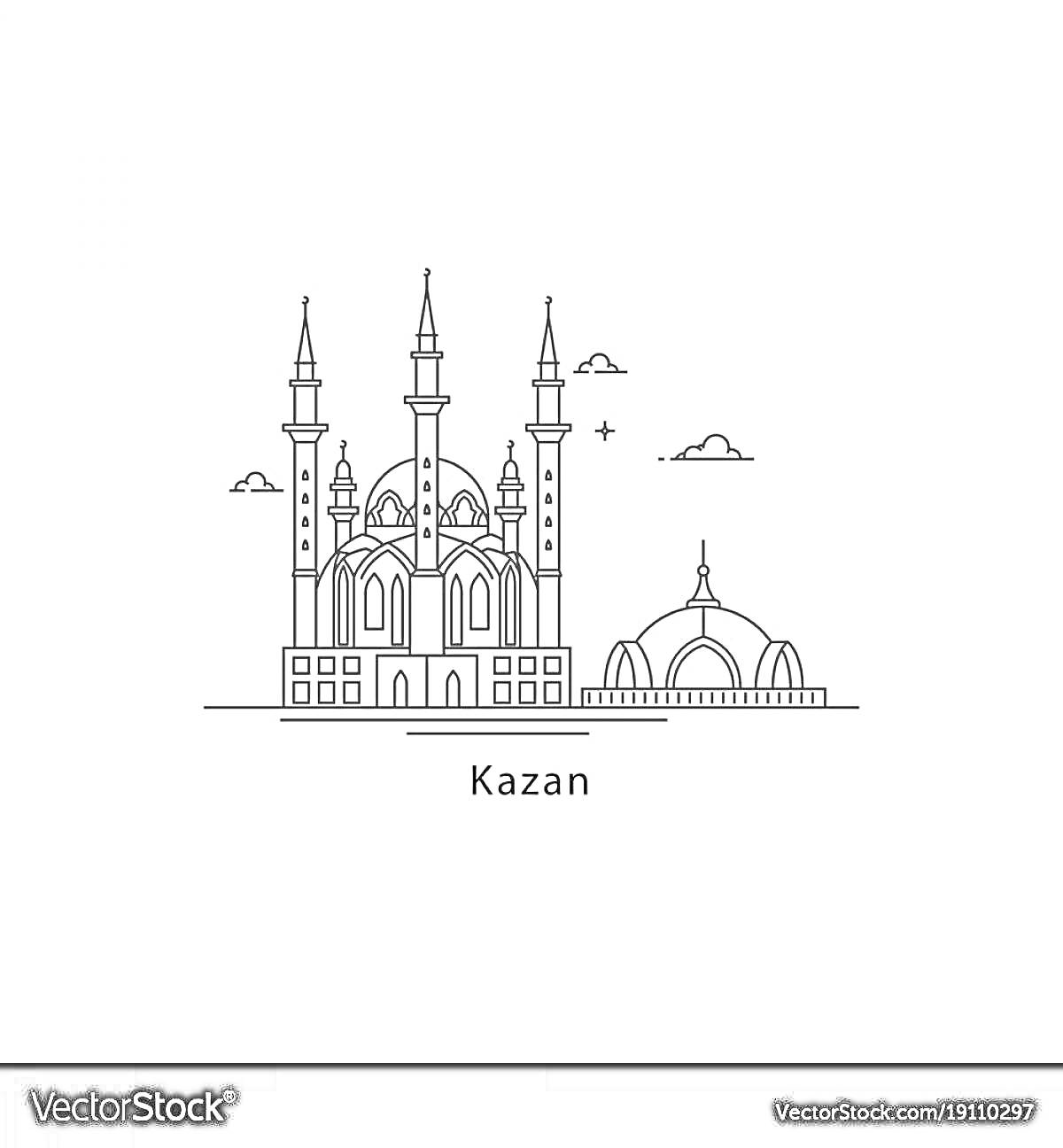 Раскраска Казанский кремль с мечетью Кул-Шариф, облака, звезды