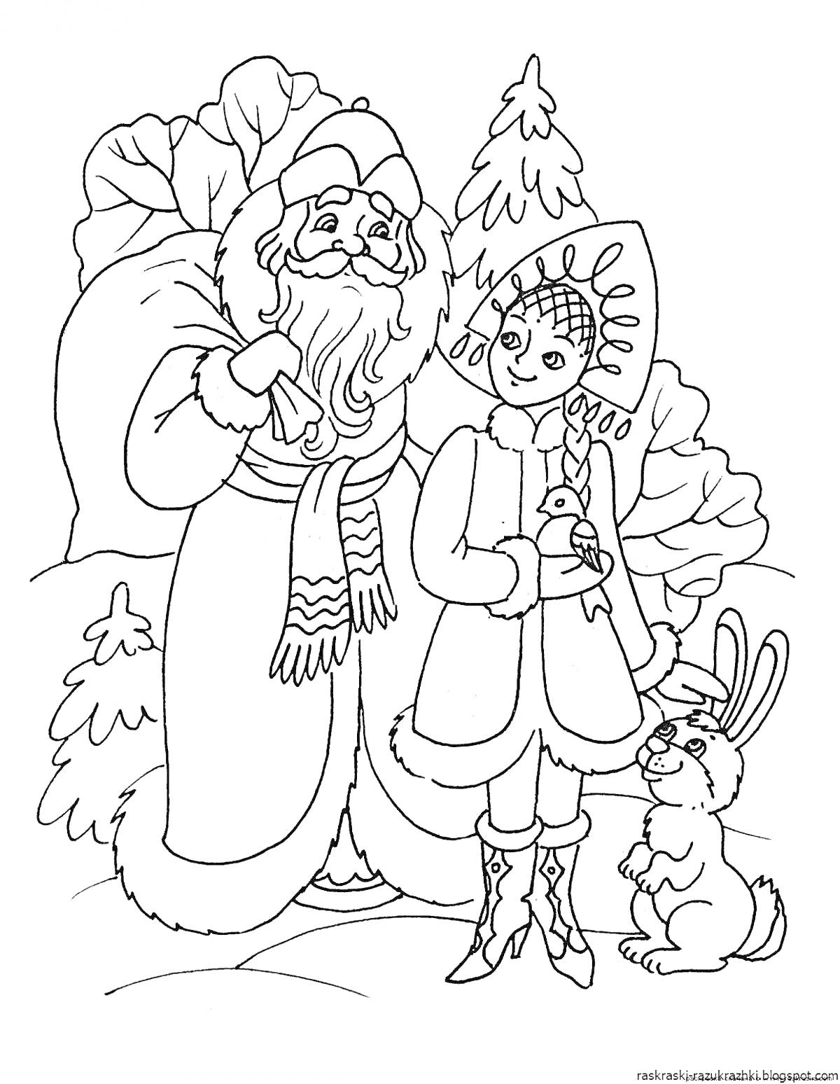 Раскраска Дед Мороз, Снегурочка, заяц и птица в зимнем лесу