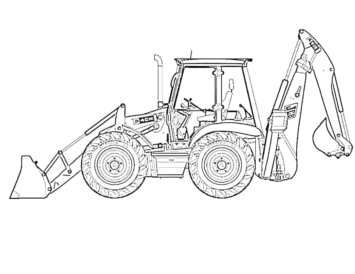 Раскраска Трактор с передним ковшом и задним экскаваторным ковшом