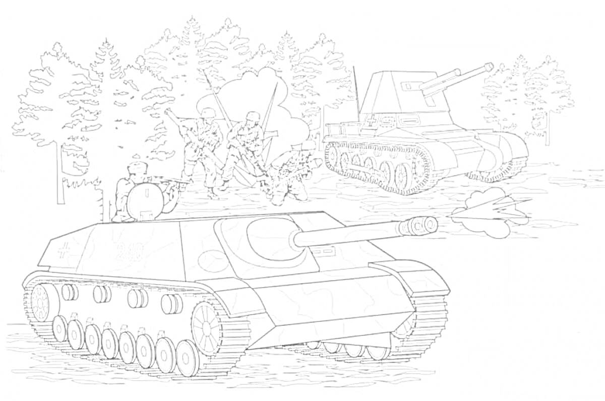 Раскраска Танковый бой в лесу при Сталинградской битве