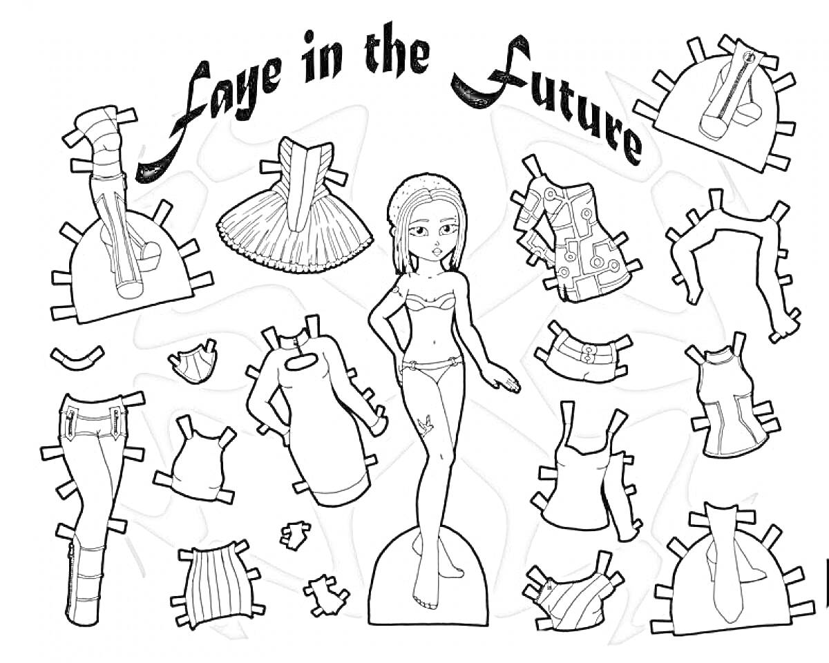 Раскраска Faye in the Future - бумажная кукла с нарядами будущего, включая платья, топы, брюки, аксессуары и обувь