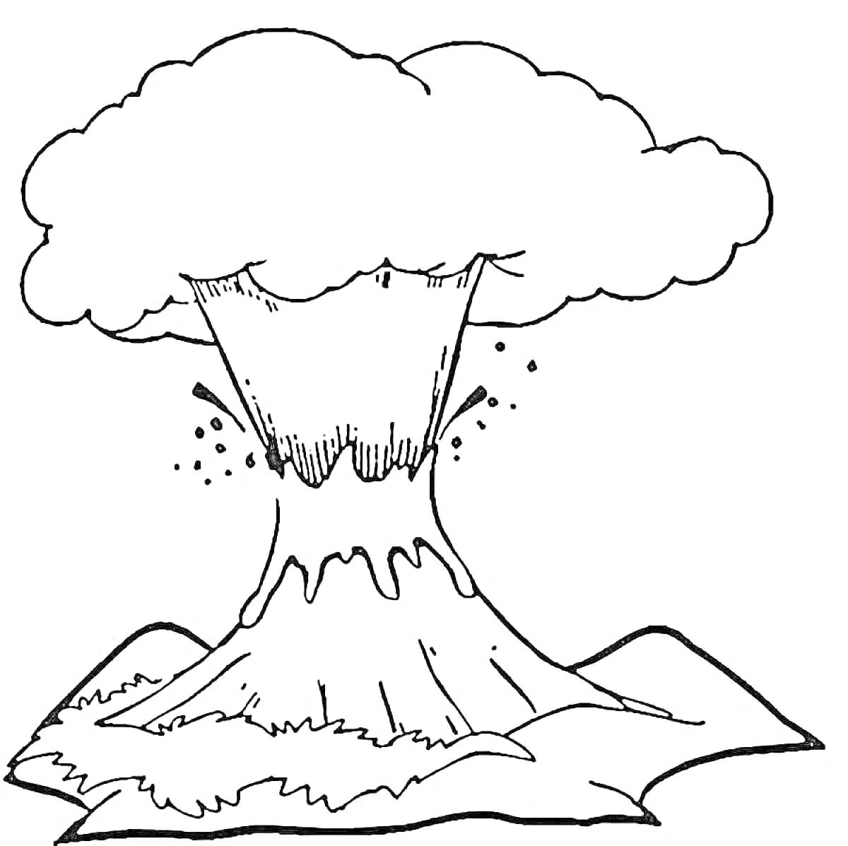 На раскраске изображено: Вулкан, Извержение, Лава, Облако дыма, Природа, Горы, Ландшафт