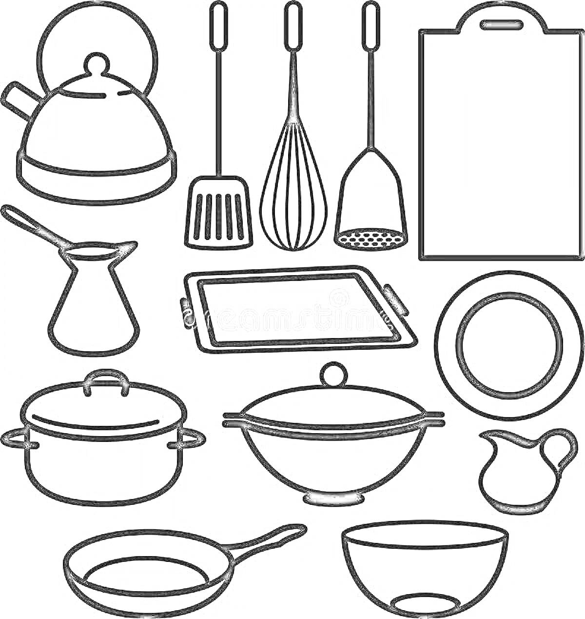 Чайник, лопатка, венчик, шумовка, разделочная доска, джезва, противень, тарелка, кастрюля, сковорода с крышкой, кувшин, сковорода, салатник.