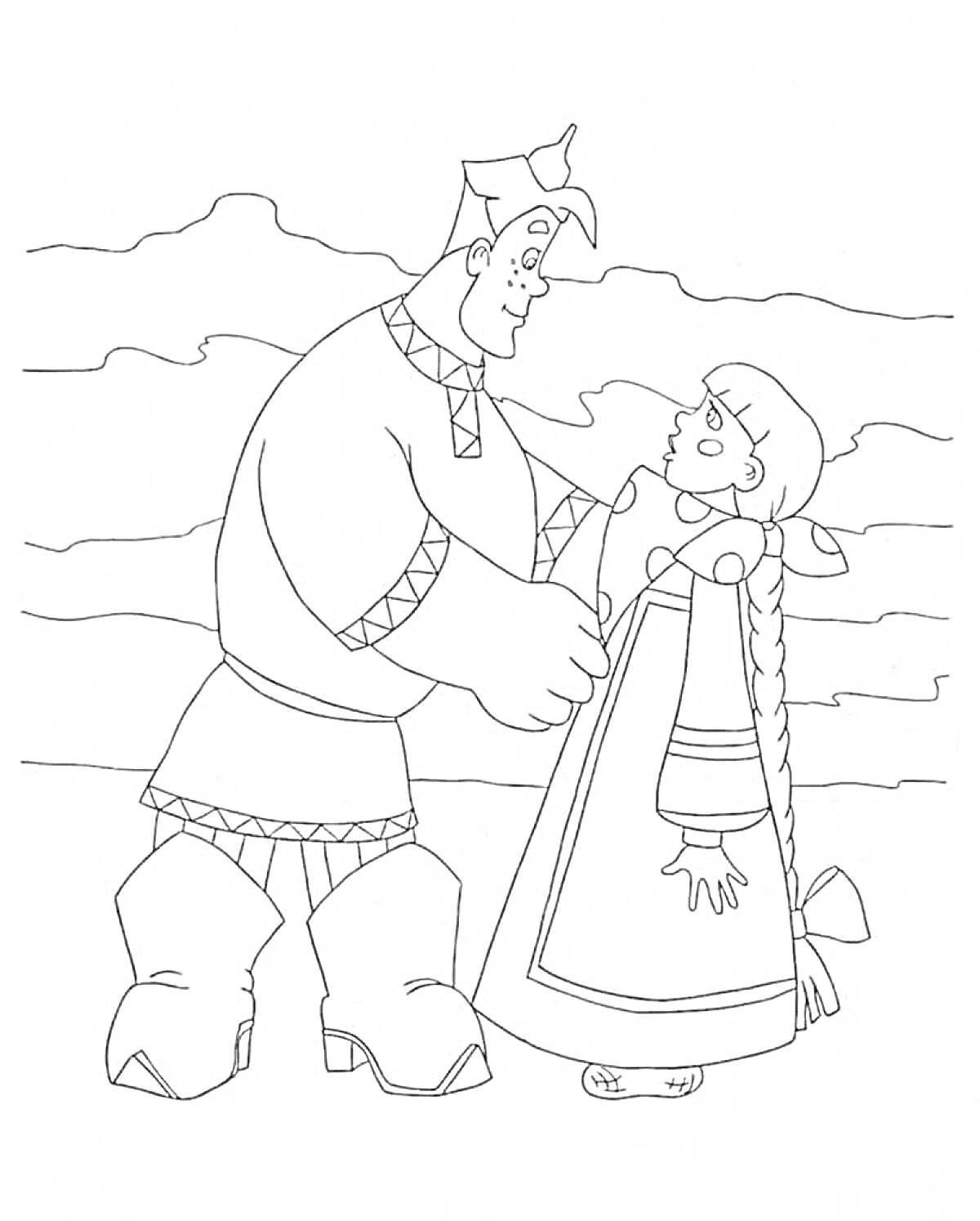На раскраске изображено: Богатырь, Жена, Облака, Коса, Традиционная одежда, Ботфорты