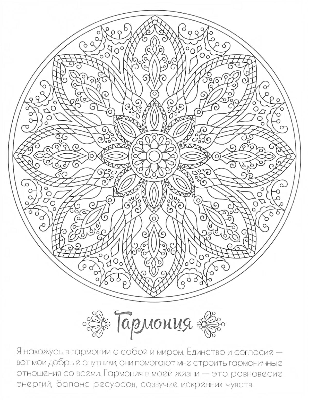 Раскраска Гармония - круглая мандала с цветочным узором и симметричными элементами