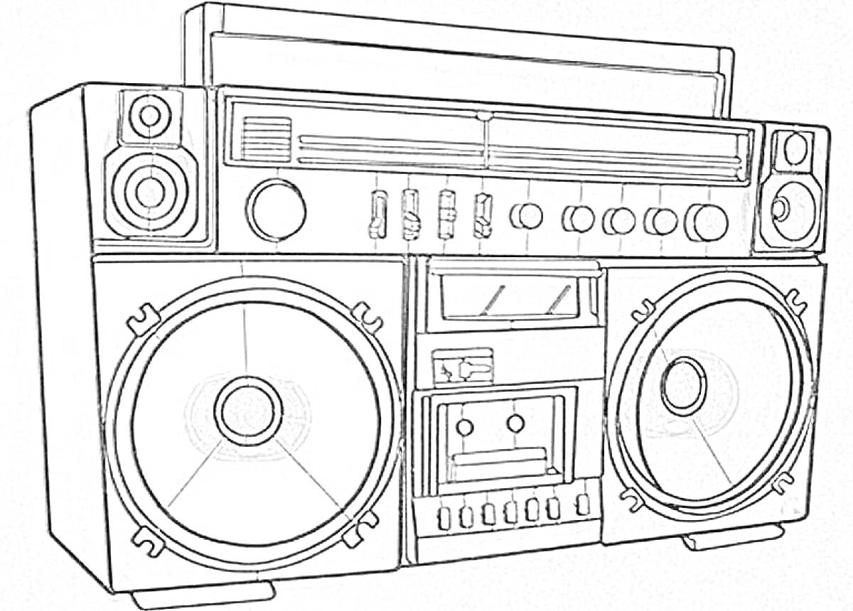 Магнитофон с колонками, кнопками и кассетным отсеком
