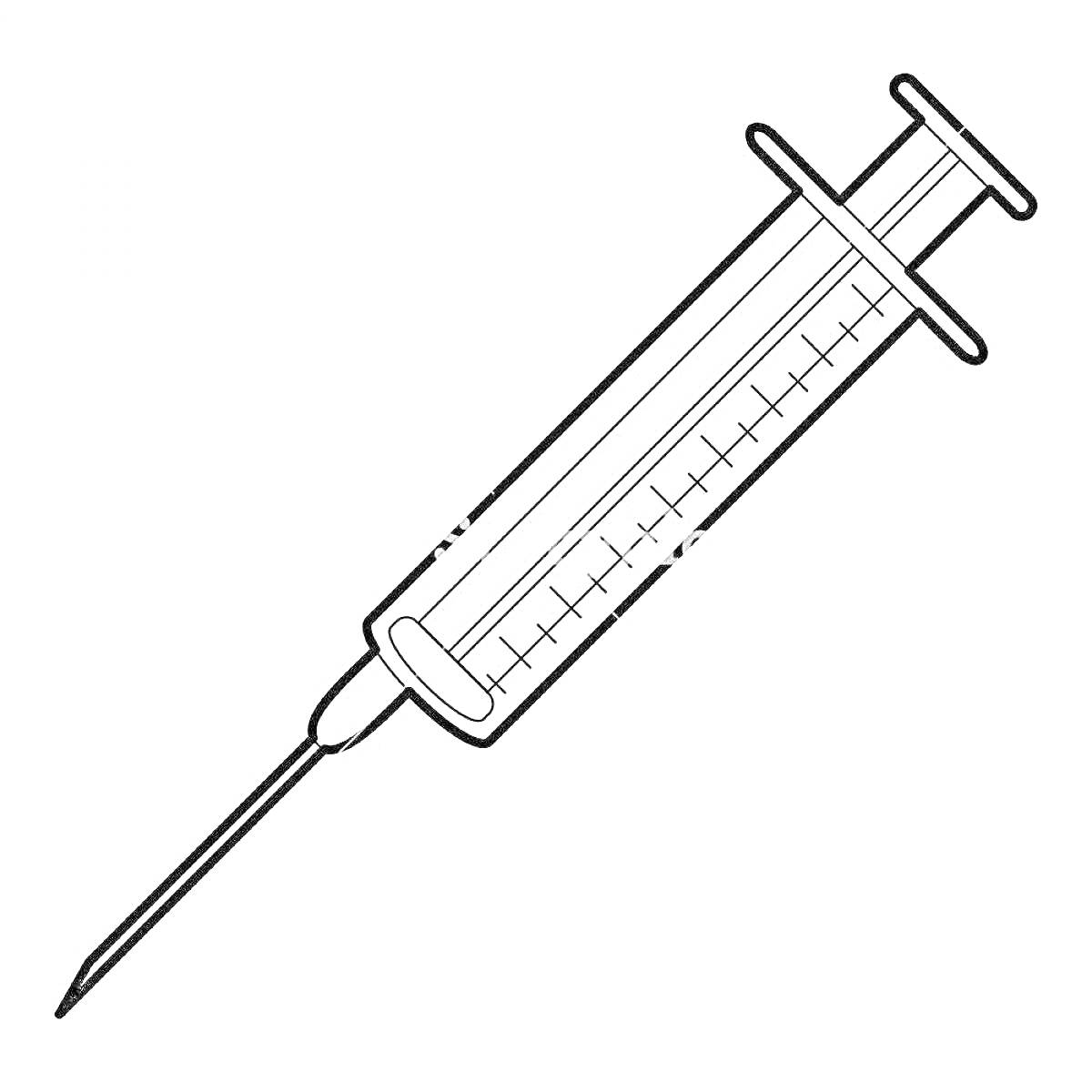 На раскраске изображено: Шприц, Поршень, Медицинский инструмент, Здоровье, Медицина, Доктора, Больница