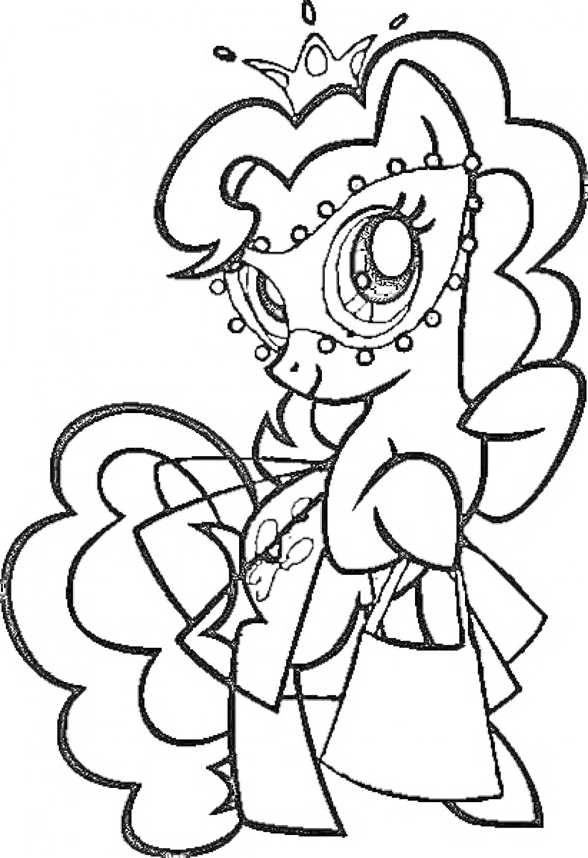 Раскраска Пинки Пай в маскарадной маске и короне с сумкой и платьем