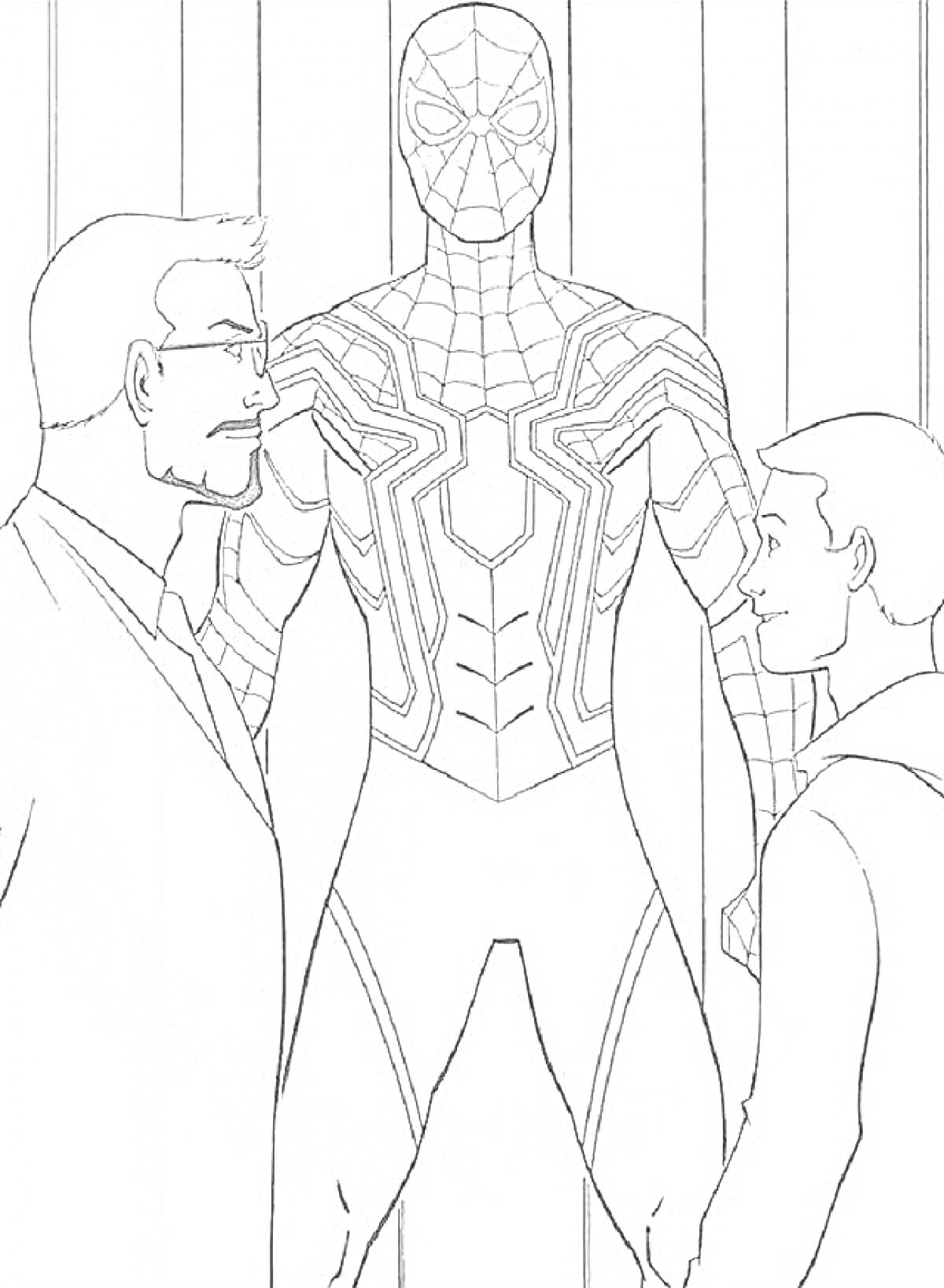 На раскраске изображено: Человек-паук, Мужчина с бородой, Молодой человек, Решетка, Костюм