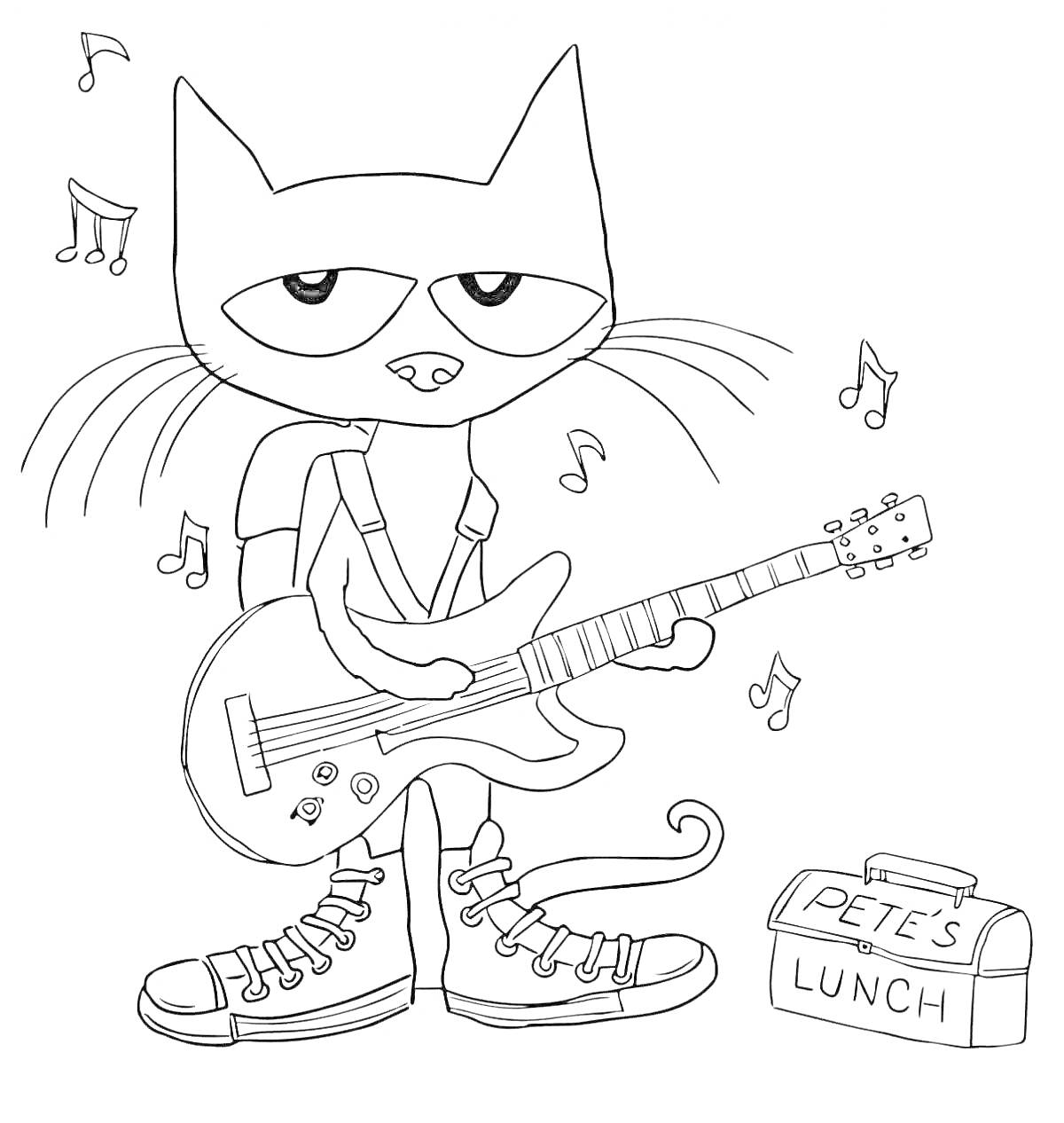 На раскраске изображено: Картун кэт, Гитара, Ланчбокс, Музыкальные ноты, Мультяшный кот, Ланч