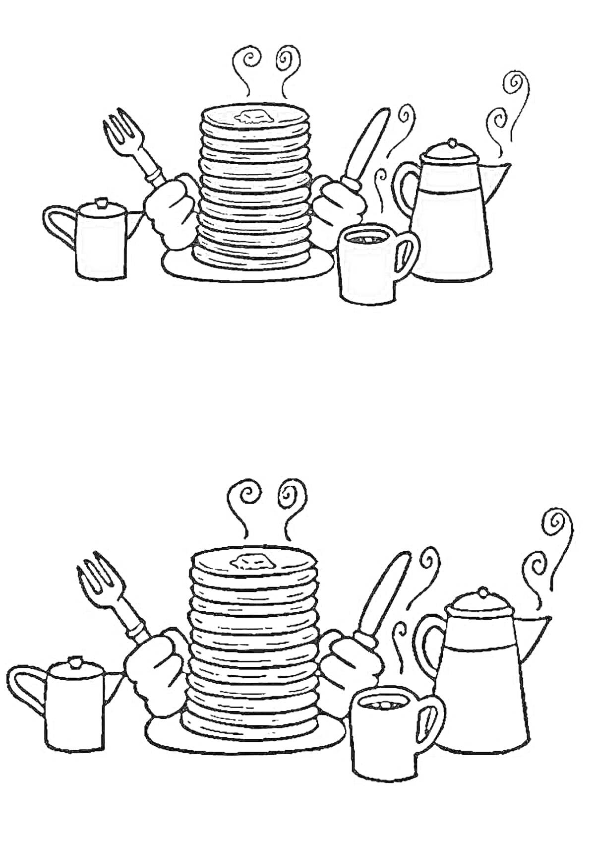 Раскраска стопка блинов с ножом и вилкой, две чашки, кофейник и чайник