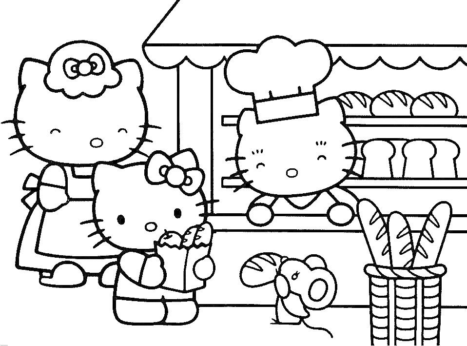 Раскраска Китти в булочной с мамой, пекарем и мышью