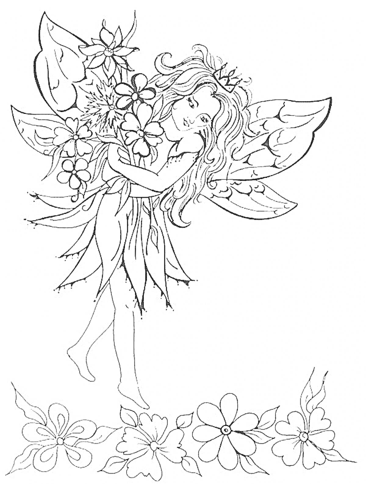 Раскраска Эльф с букетом цветов и цветами внизу