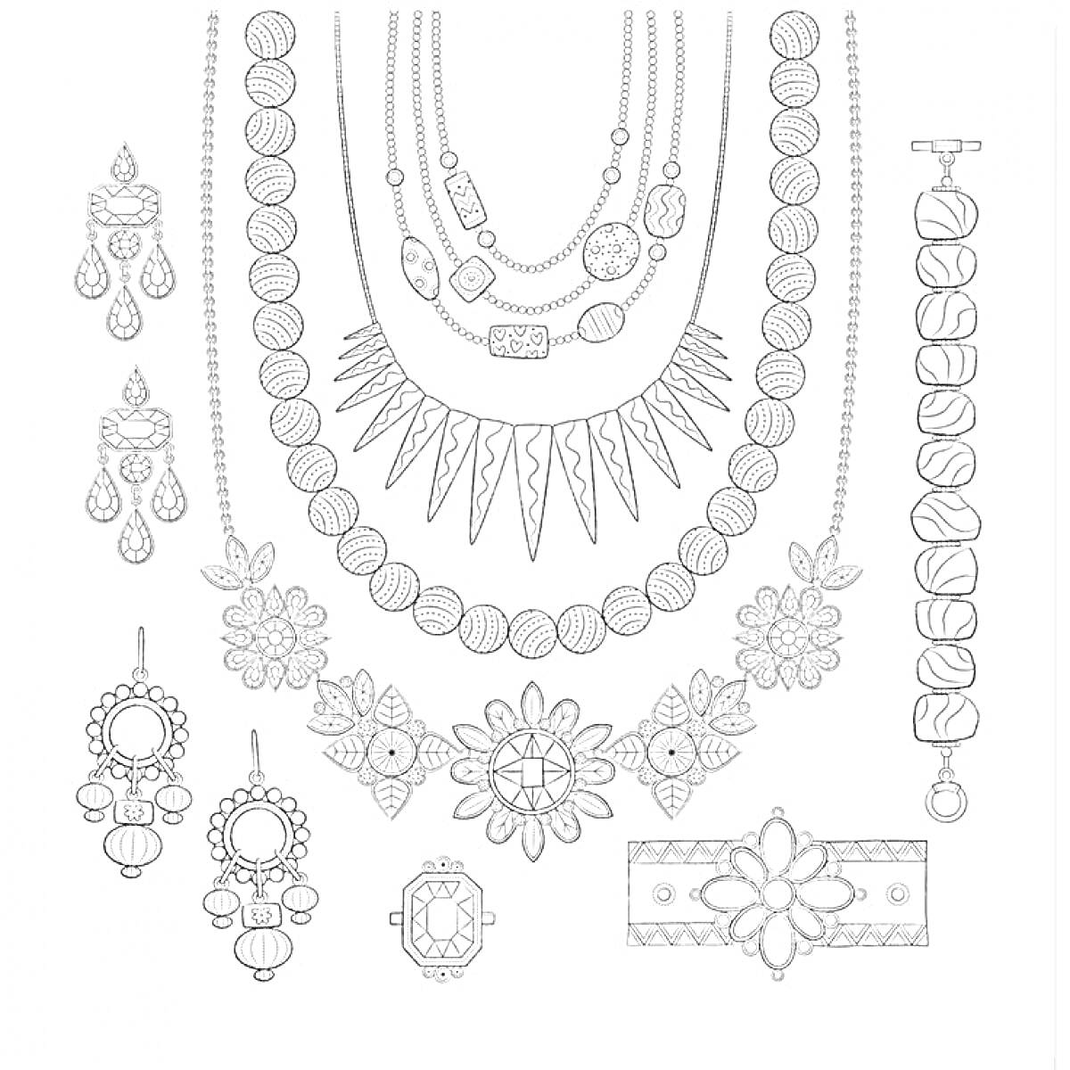 Раскраска Кольца, ожерелья, браслеты и серьги с бусинами, цветами и подвесками