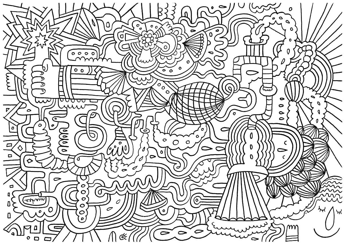 Раскраска Абстрактная раскраска с различными геометрическими фигурами, трубами, лампочками, цветами и волнообразными линиями