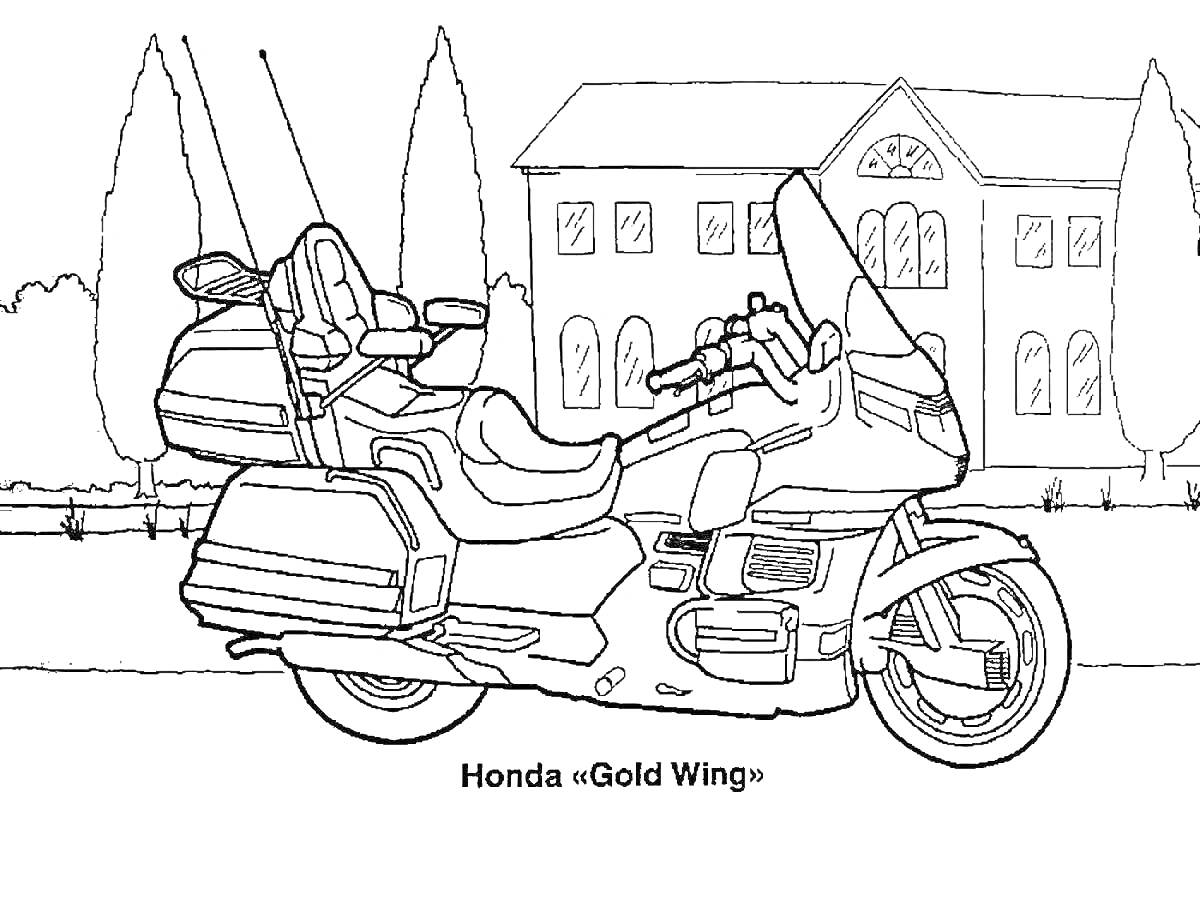 Раскраска Мотоцикл Honda «Gold Wing» на фоне здания и деревьев