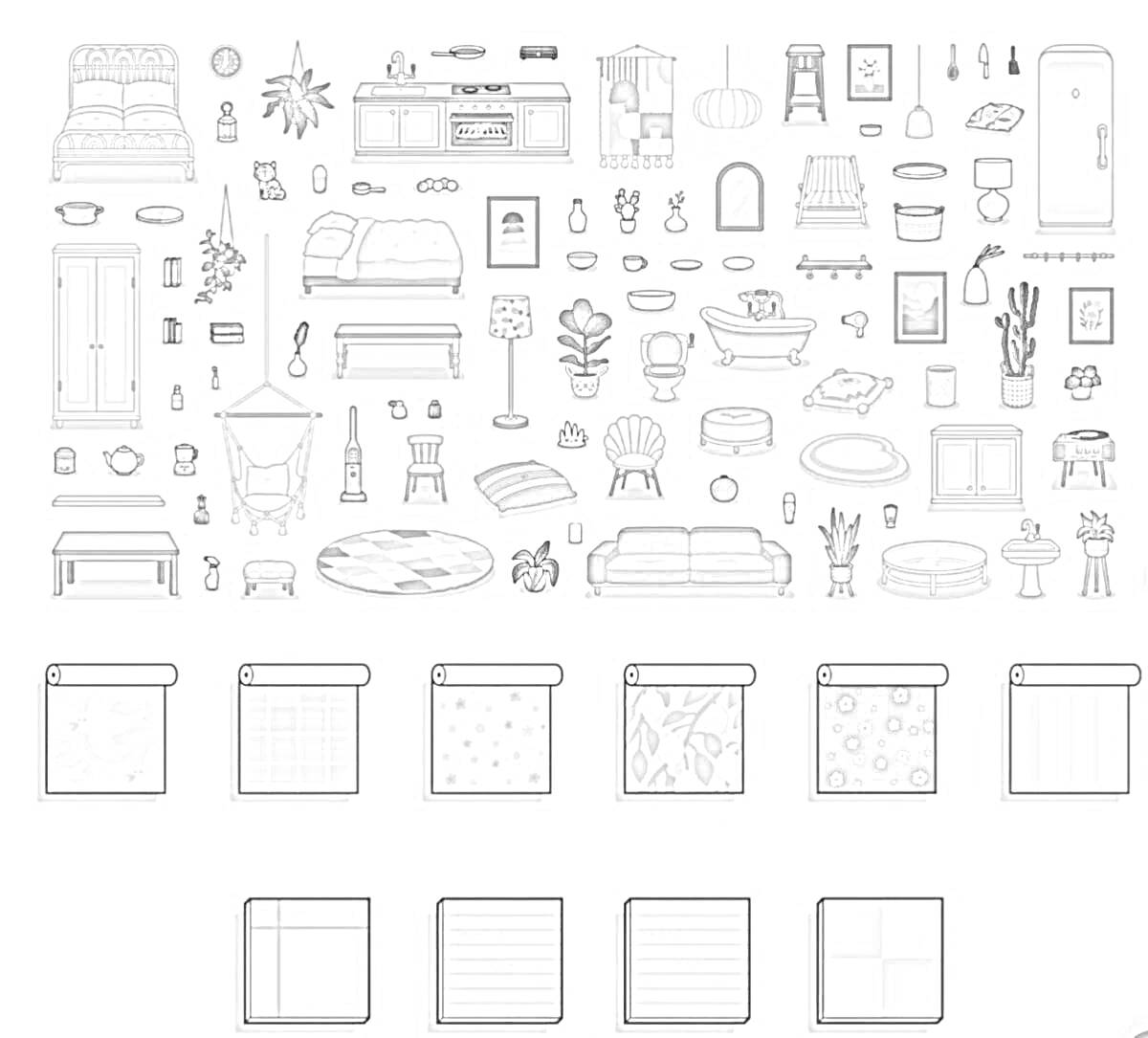 Раскраска Тока Бока Мебель для бумажного домика: кровать, горшечные растения, кухня с плитой, полки, декоративные элементы, картины, ковры, письменный стол с лампой, стулья, ванная, раковина, зеркала, комод, унитаз, стиральная машина, шкаф, диван, и другие предметы