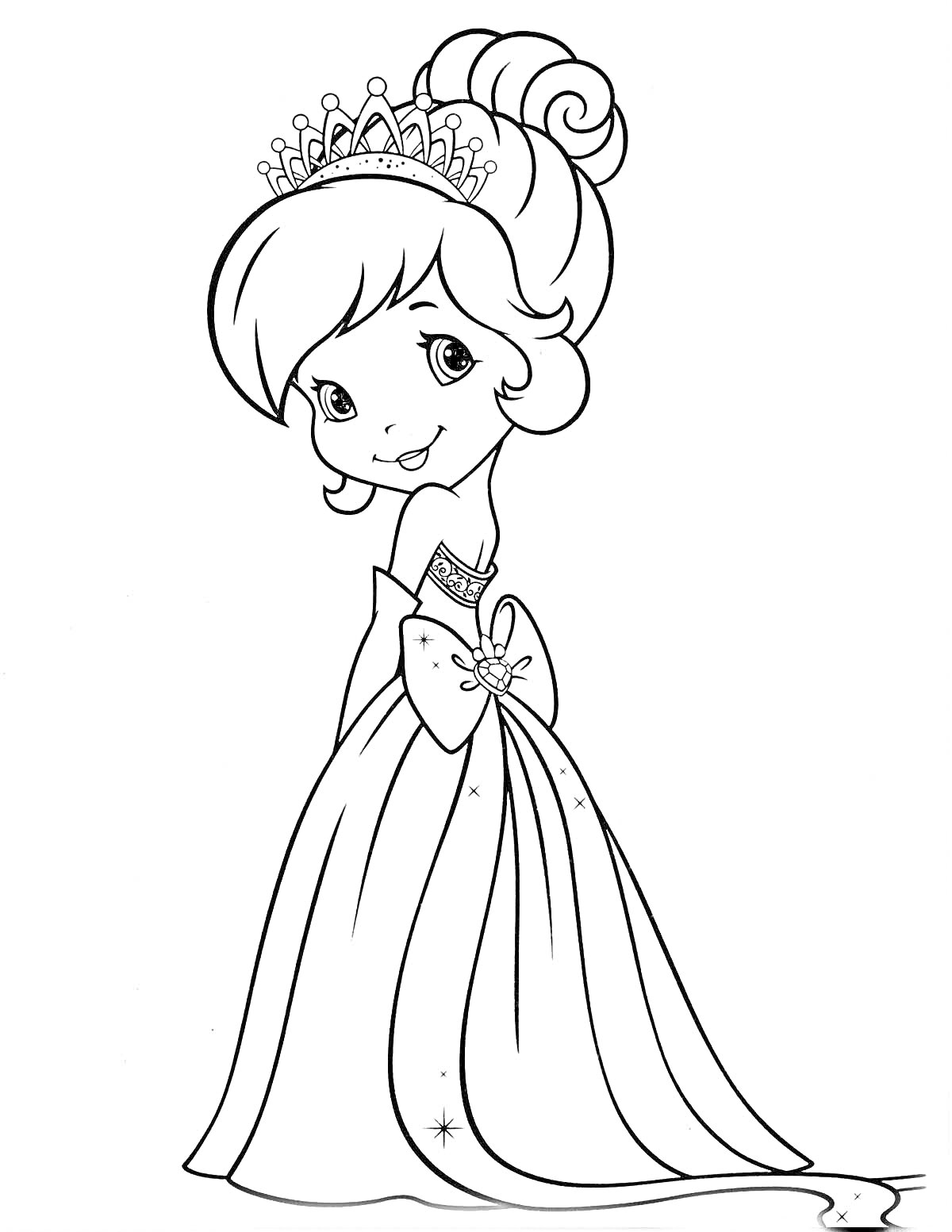 Раскраска Принцесса с короной, высоко собранной прической и платьем с бантом