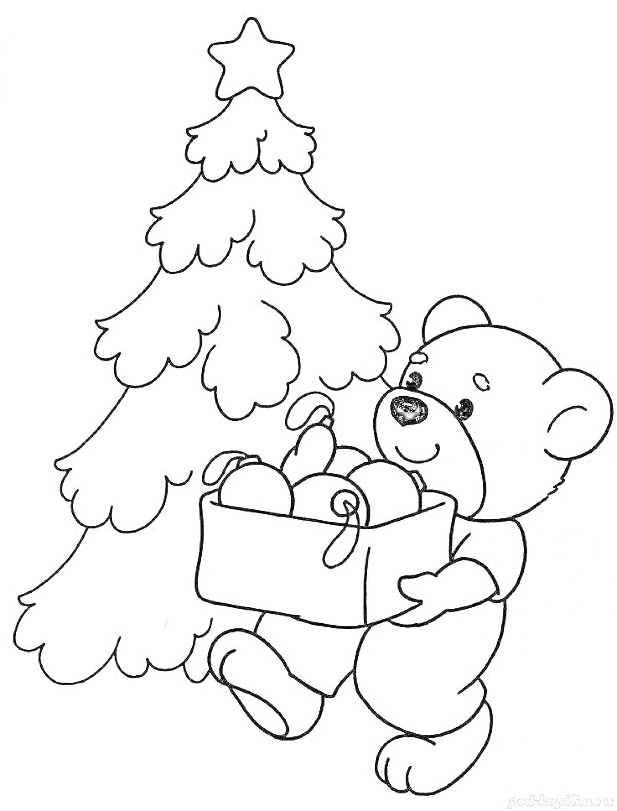 На раскраске изображено: Новогодняя елка, Подарки, Рождество, Новый год, Мультяшный медведь