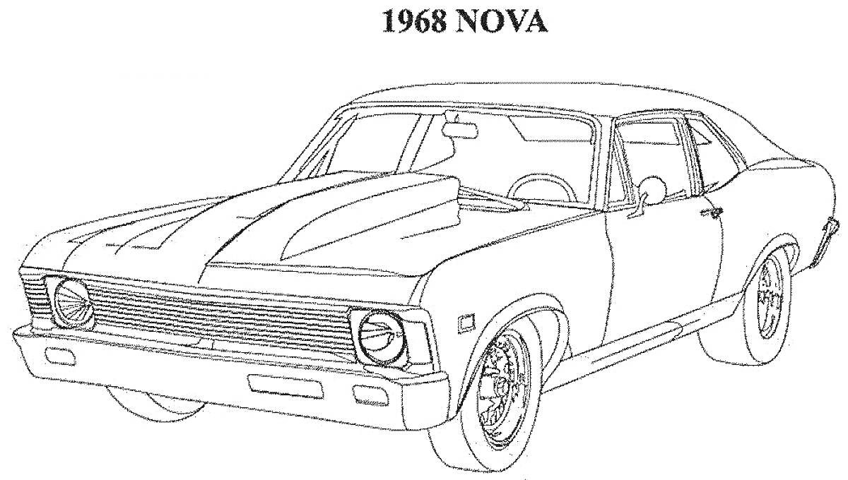 1968 Nova с мощным капотом, крупными передними фарами, спортивной решеткой радиатора и кастомными колесными дисками