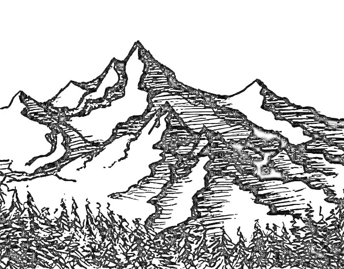 На раскраске изображено: Горы, Лес, Скалы, Природа, Утёс, Деревья, Пейзаж