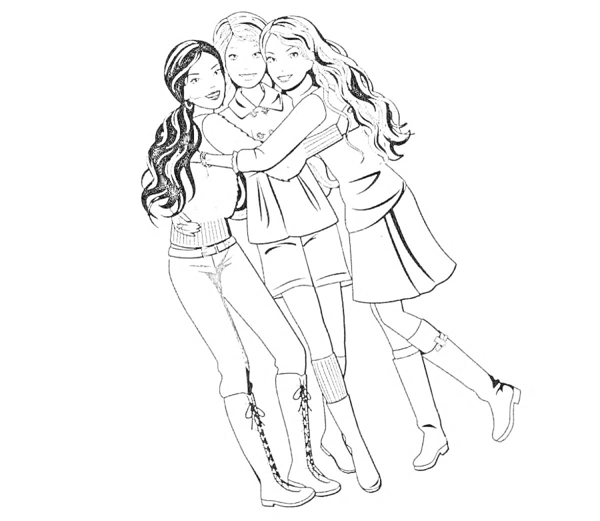 Раскраска Три девушки, обнимающиеся на прогулке