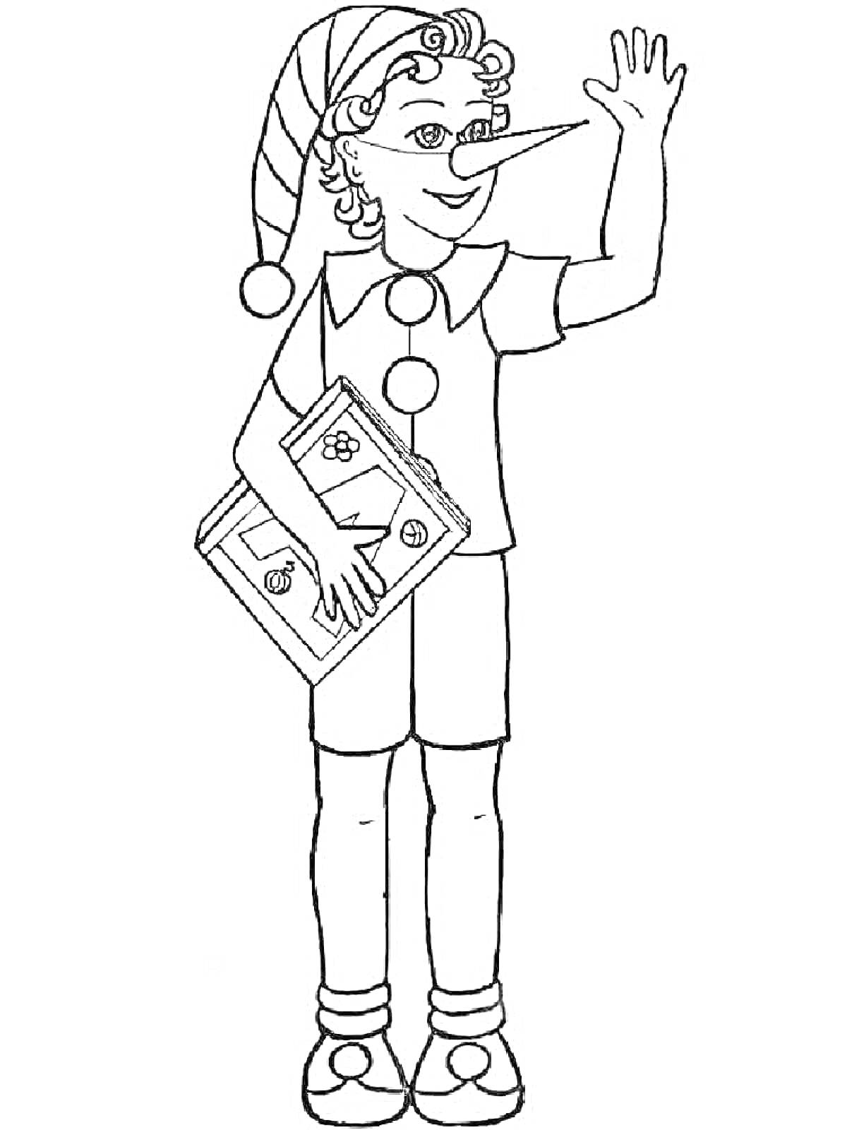 Раскраска Буратино в колпаке с книгой, поднимает руку