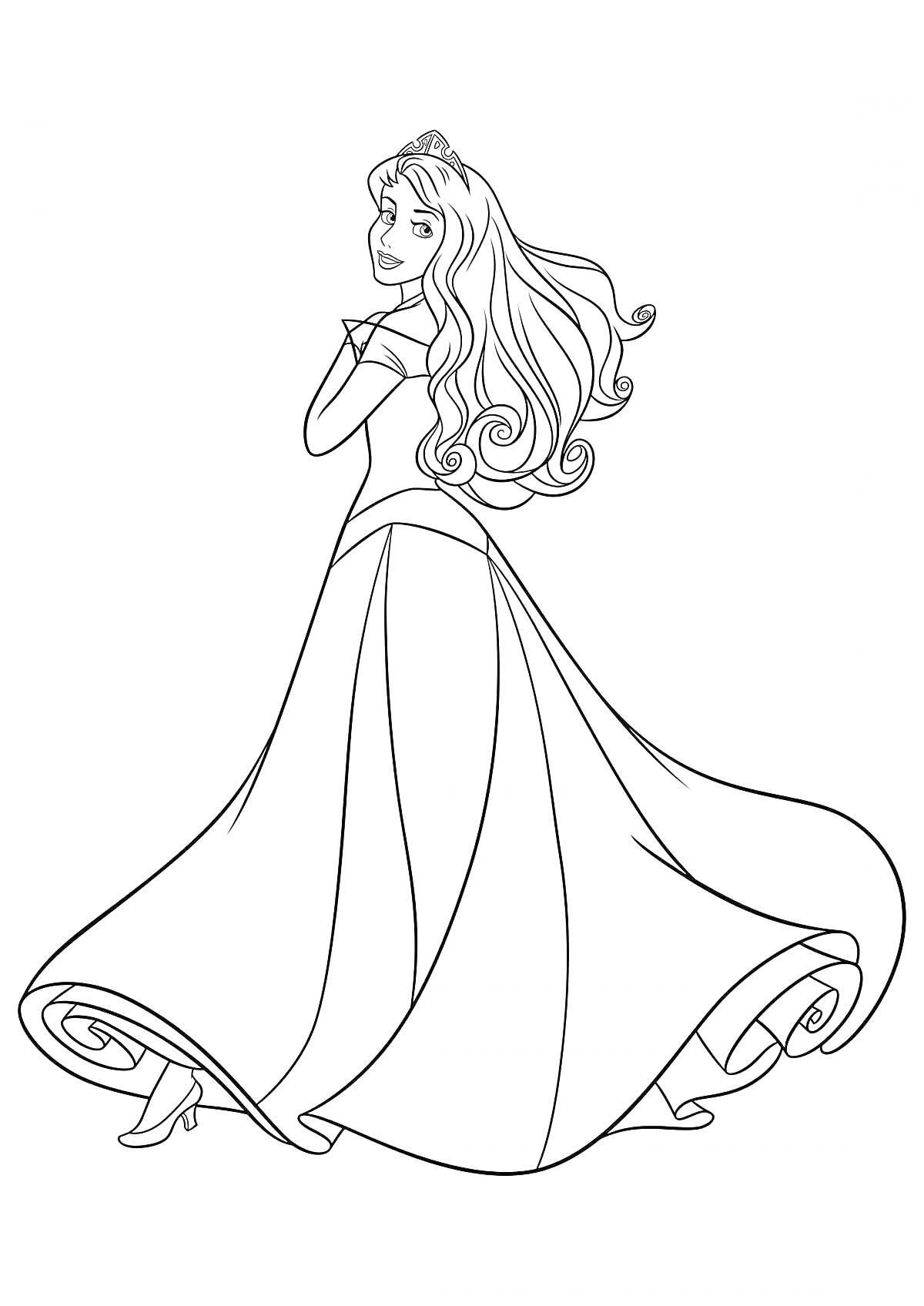 На раскраске изображено: Принцесса, Дисней, Длинные волосы, Корона, Платье, Туфли, Волнистые волосы