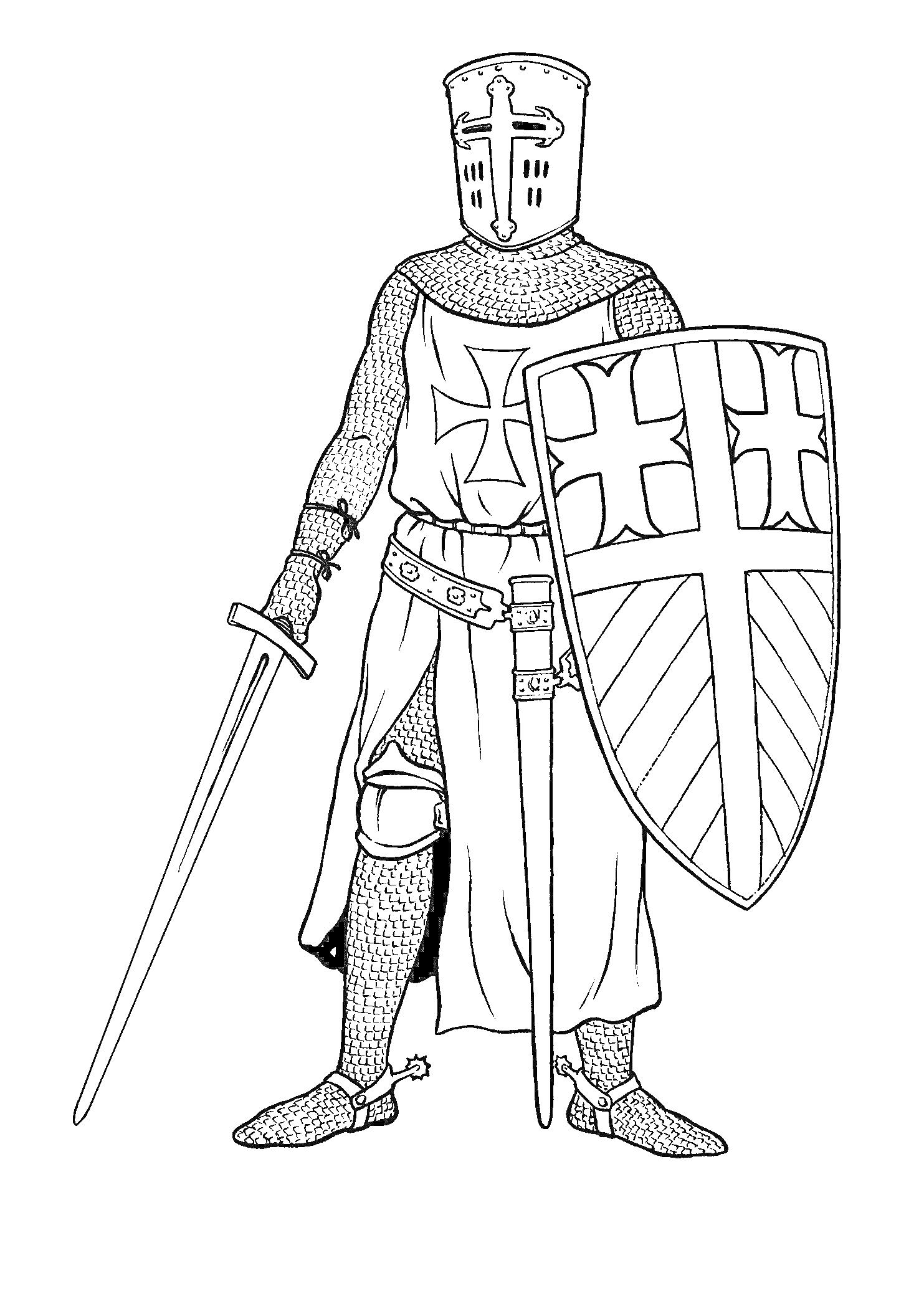 Раскраска Рыцарь с мечом и щитом, с крестом на броне и шлеме