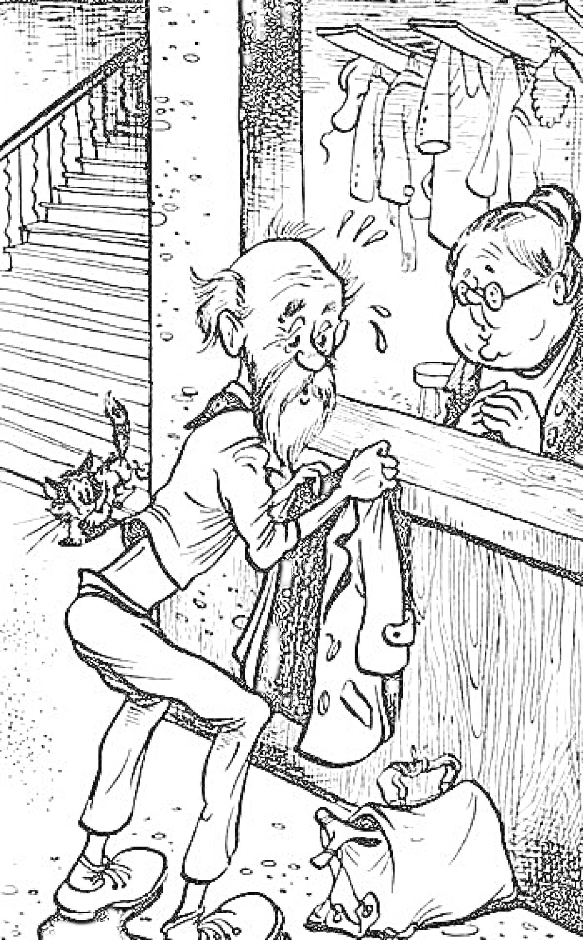 Раскраска Пожилой мужчина с бородой и очками, разговаривающий с женщиной через прилавок, из кармана показывается жук, на фоне лестница и висящие часы