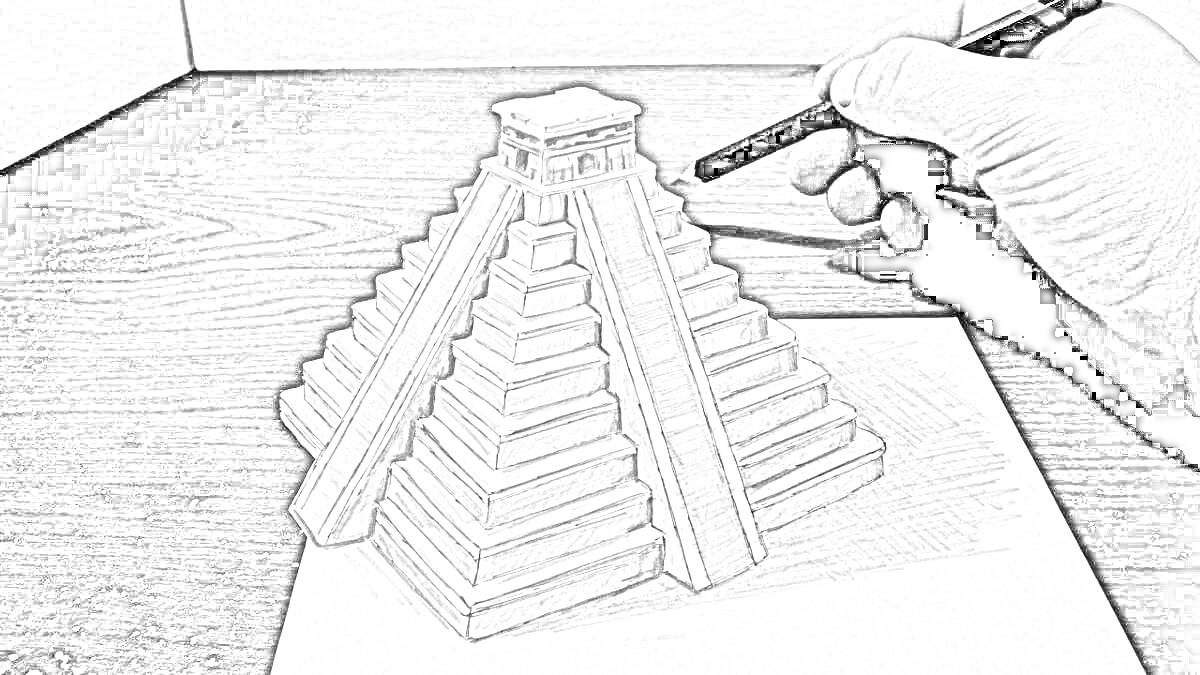 Раскраска 3D рисунок пирамиды с человеком, держащим карандаш