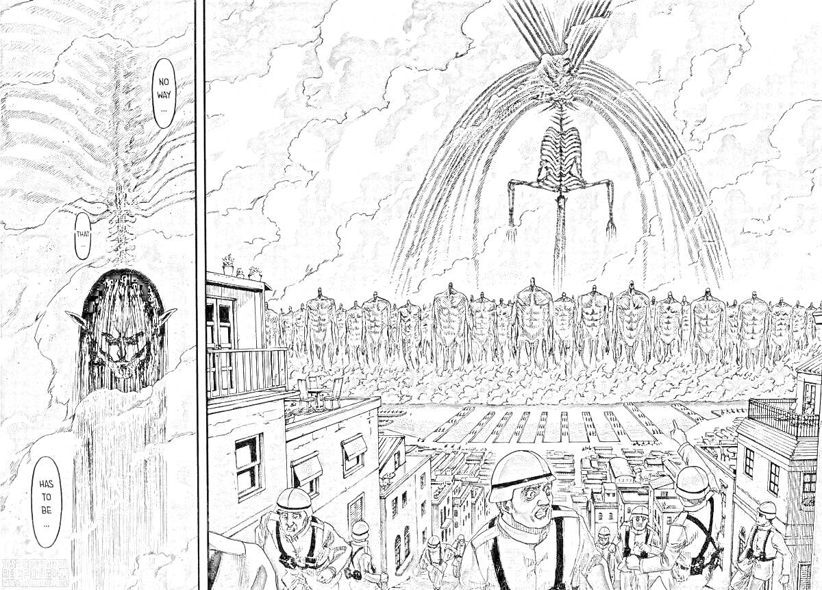 Раскраска Операция против гигантского монстра: солдаты, городские здания, гигантский монстр, исказивший линии, облака, испуганные лица