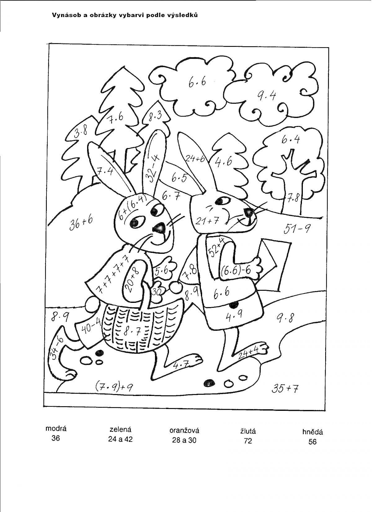 На раскраске изображено: Зайцы, Лес, Облака, Деревья, Трава, Цифры, Математика