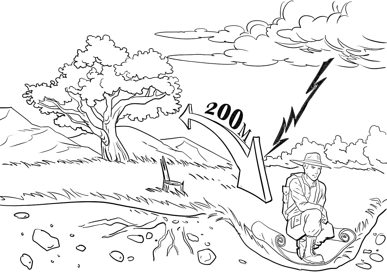 Раскраска Наводнение с путником под деревом на холме, указанием расстояния 200м и молнией