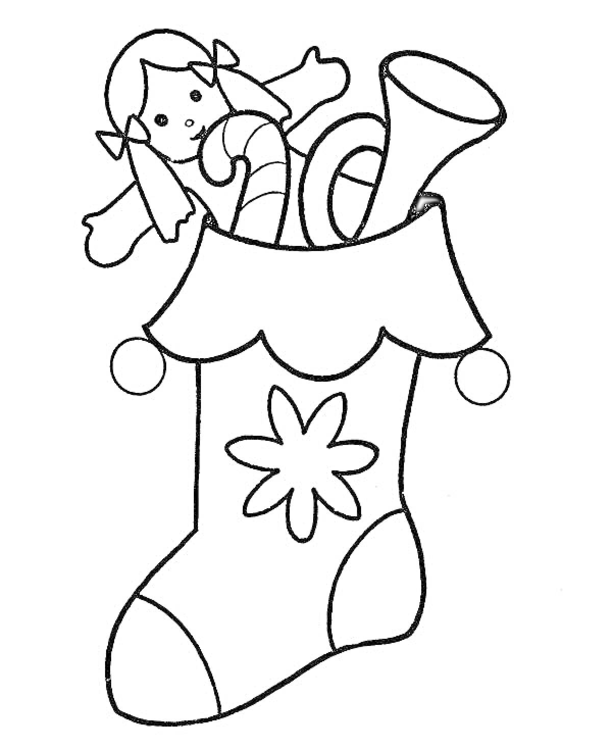 Раскраска Рождественский носок с куклой, леденцом, рожком и косточкой