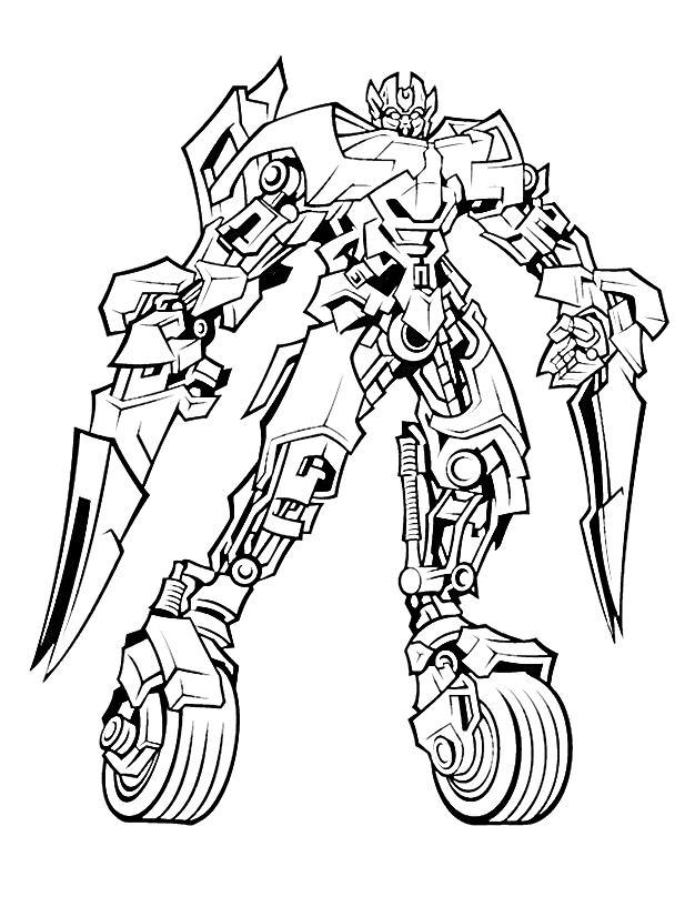 Раскраска Робот с колёсами вместо ног, с ножами на руках
