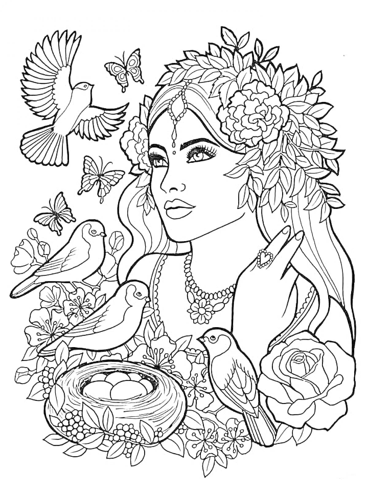 Раскраска Девушка с цветами, птицами и бабочками