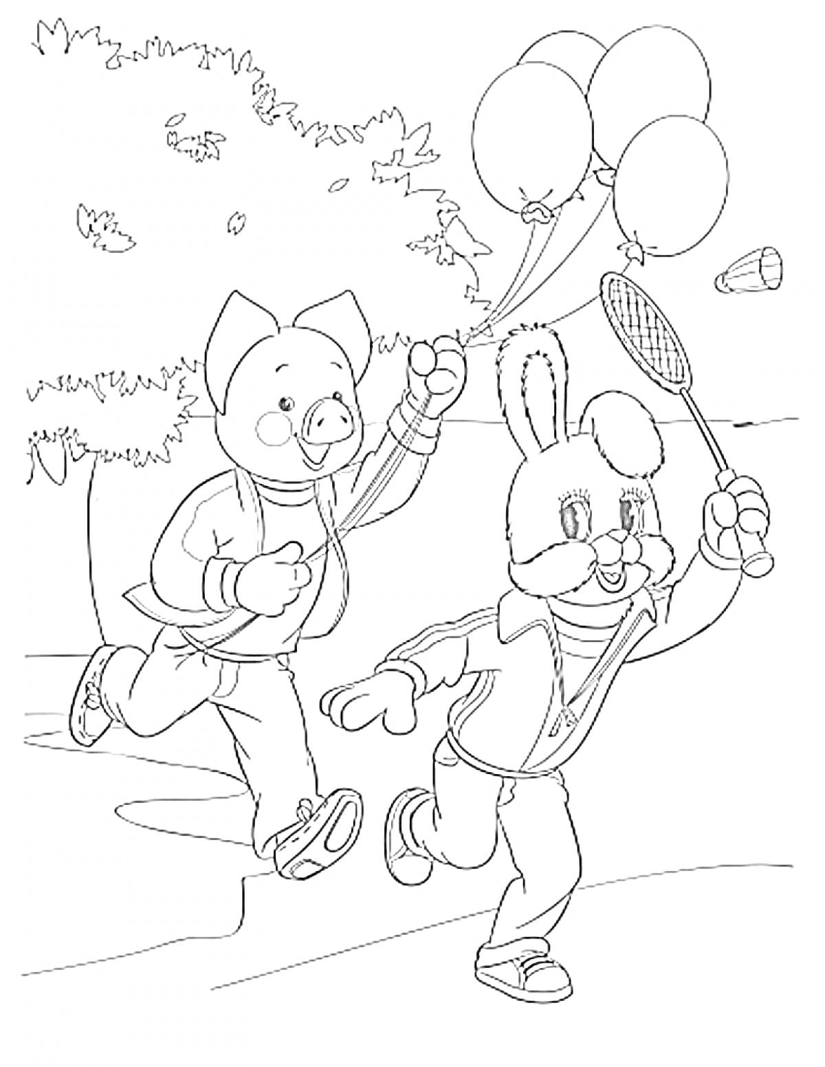 Раскраска Поросёнок с воздушным шаром и заяц с ракеткой на прогулке