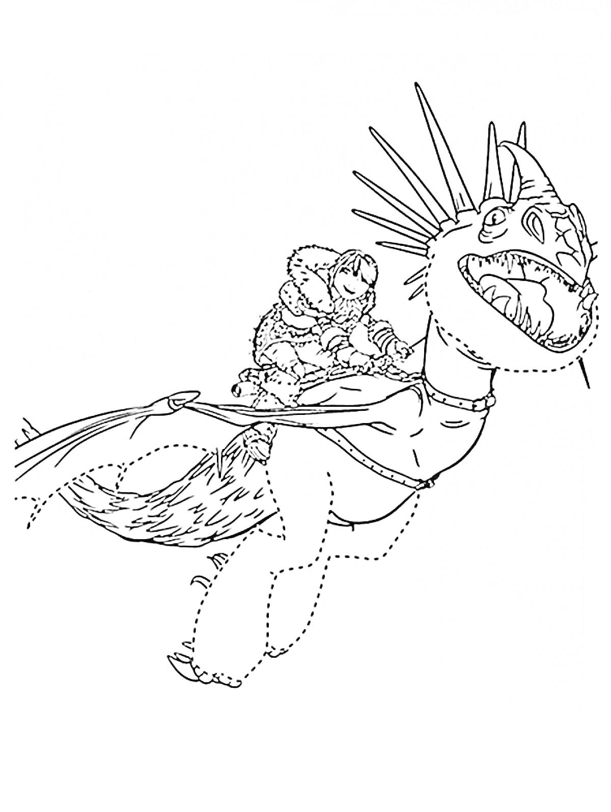 Раскраска Всадник в шерстяной одежде верхом на драконе с шипами