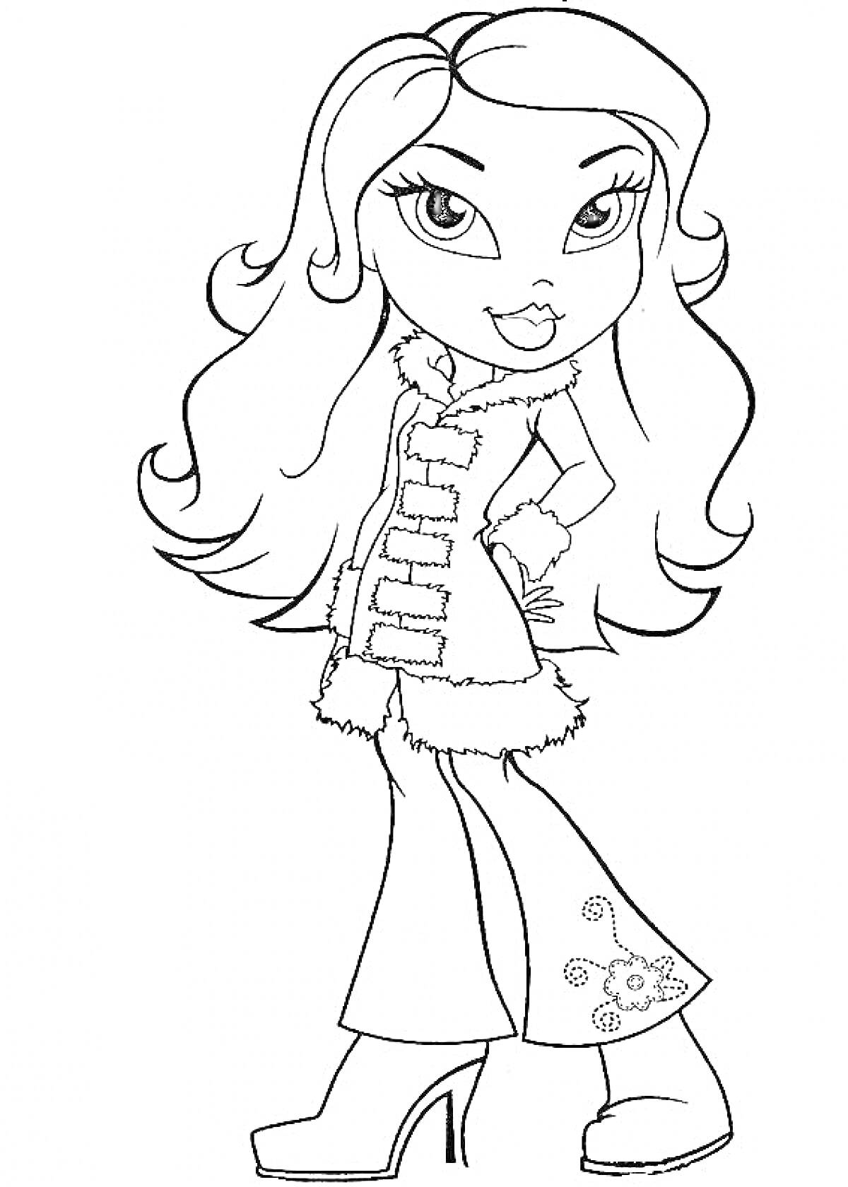 Раскраска Кукла с длинными распущенными волосами, в меховом плаще и брюках с вышивкой, на платформенных ботинках