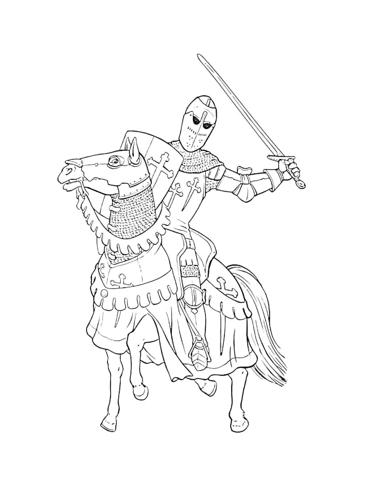 Рыцарь на лошади в доспехах поднимает меч