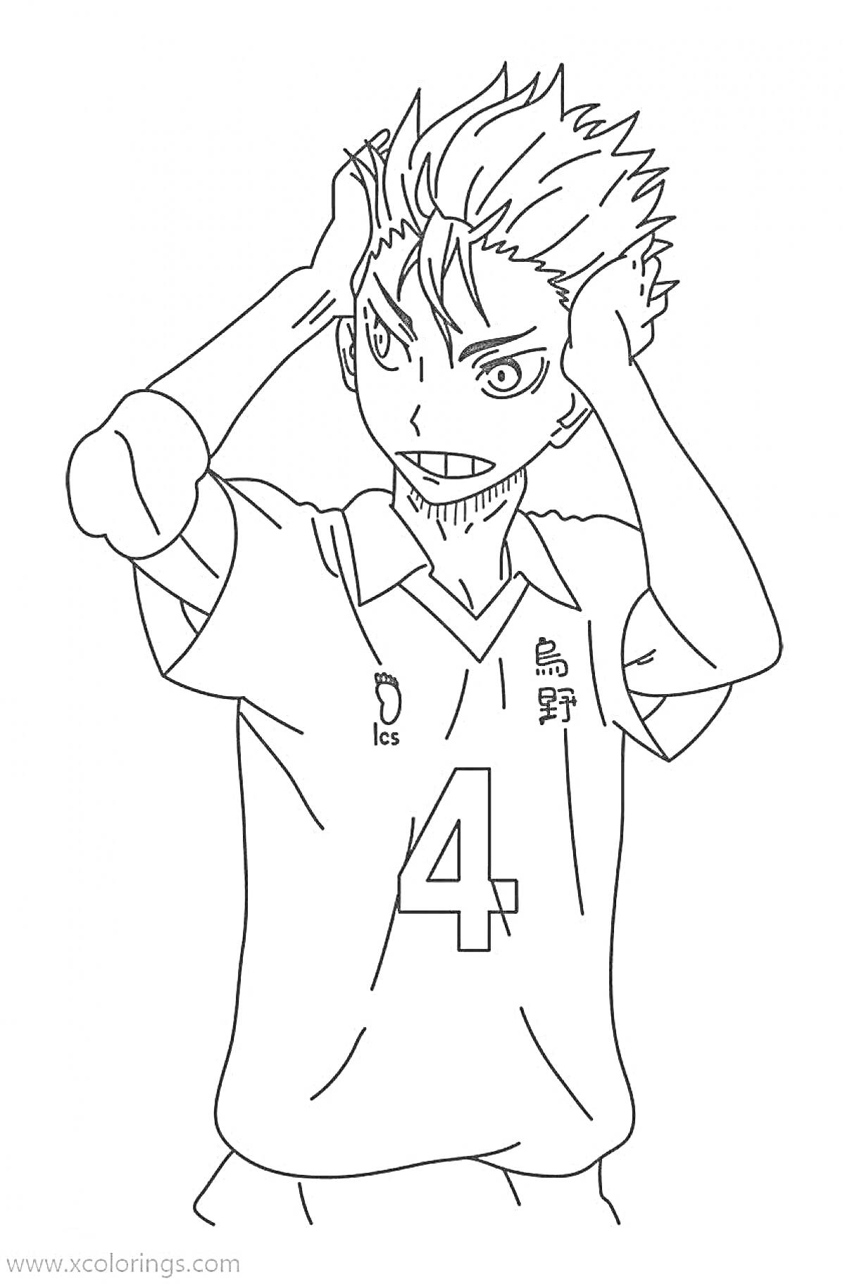 Раскраска Аниме персонаж в волейбольной форме с номером 4 на футболке, руки держит за головой