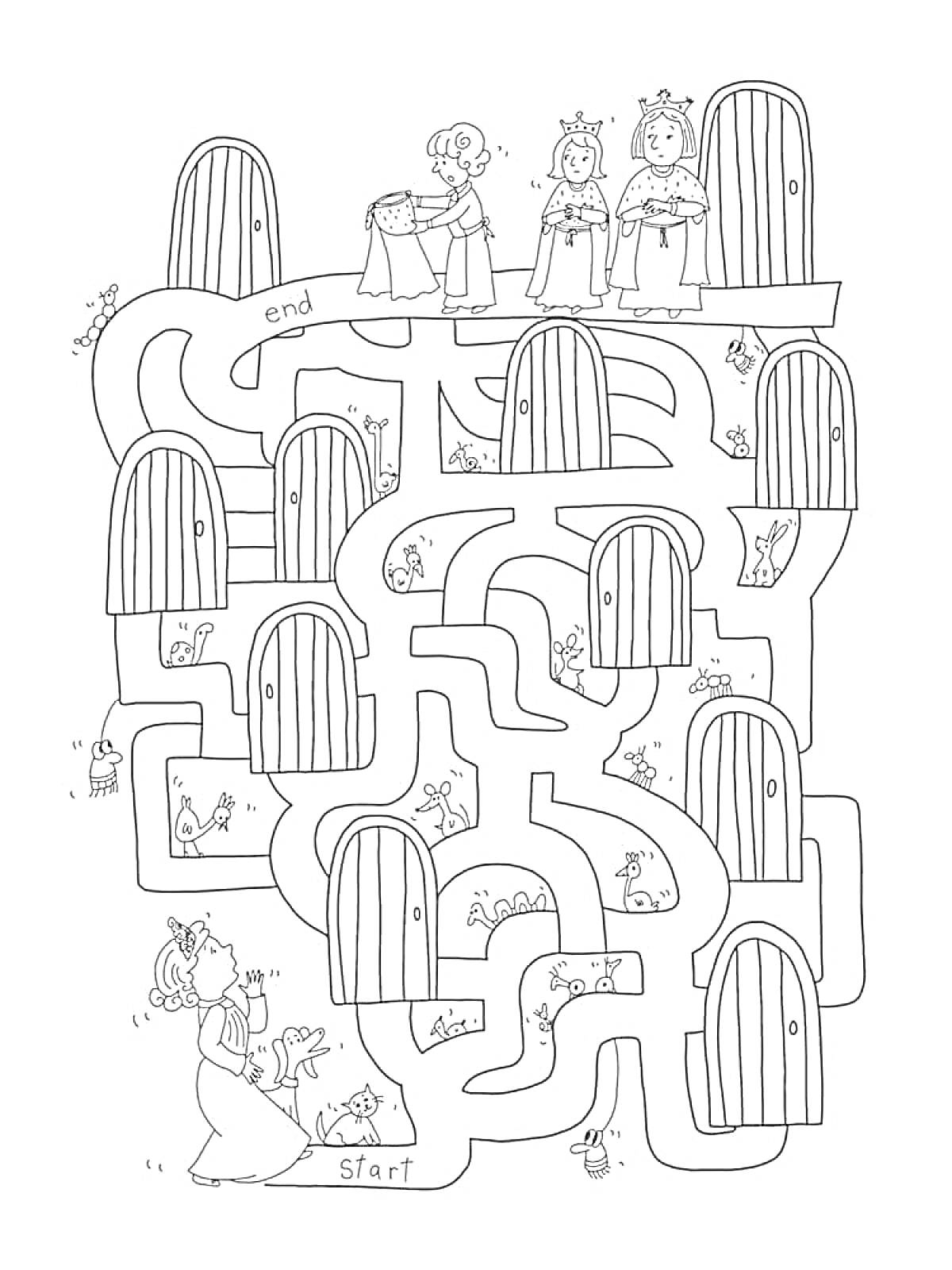 На раскраске изображено: Лабиринт, Начало, Конец, Корона, Замок, Сумка, Девочка, Пути, Дверь, Принцесса, Мышь