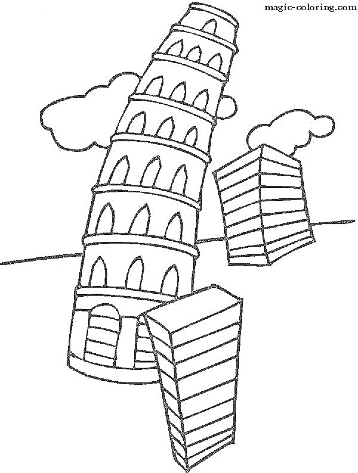 На раскраске изображено: Пизанская башня, Облака, Здания, Архитектура, Италия