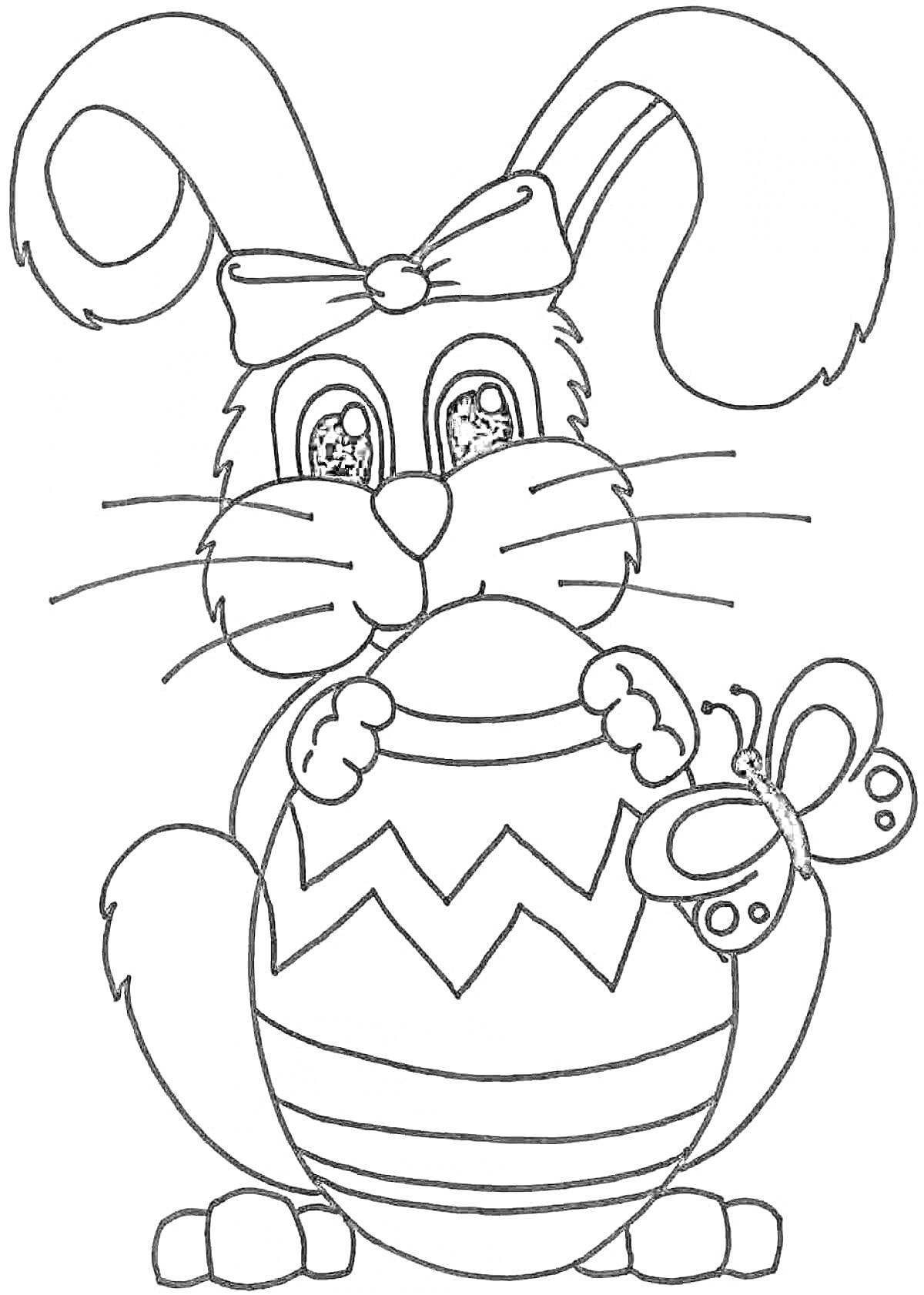 Раскраска новогодний кролик с бантом, держащий яйцо с зигзагами и бабочкой