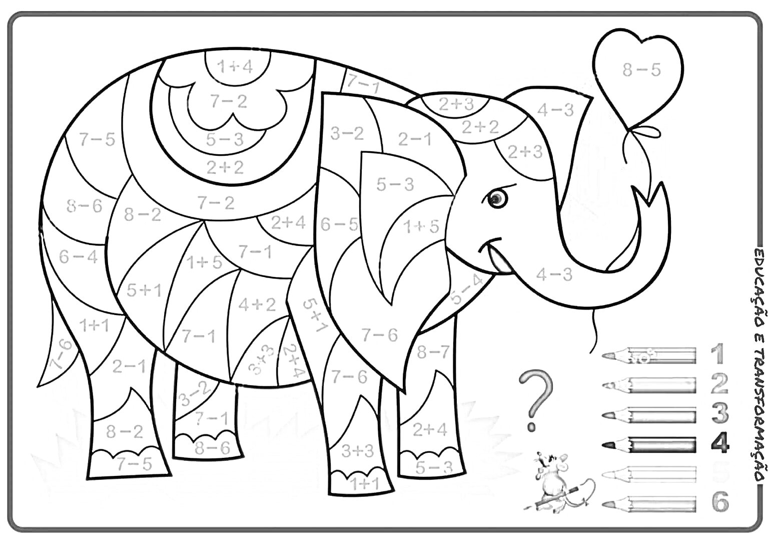 На раскраске изображено: Слон, Цветные карандаши, Математика, Цвет по цифрам, Трава