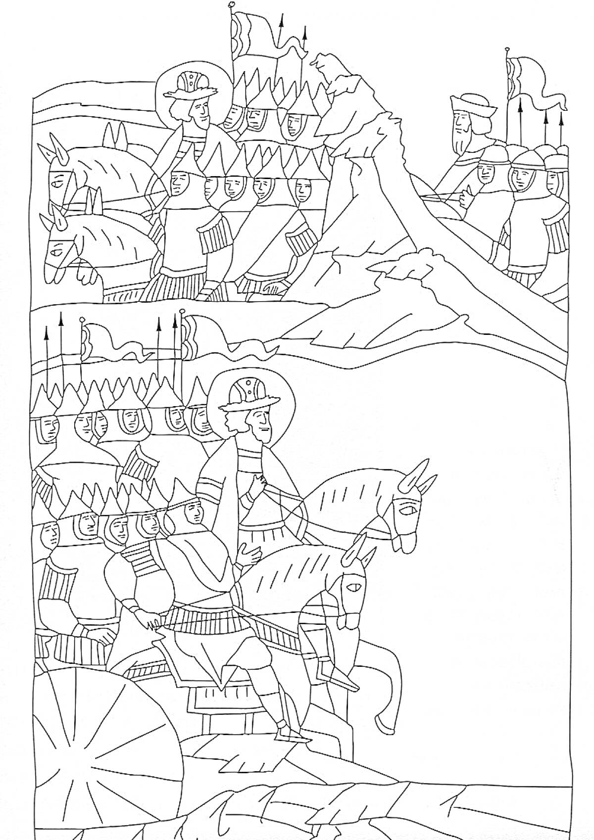 Раскраска Ледовое побоище с воинами на лошадях и пешими солдатами на фоне заснеженных гор и замка
